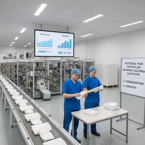 A clean modern workspace in a diaper manufacturing facility showcasing rows of diaper production machines in action Bright overhead lights illuminate-1 A clean modern workspace in a diaper manufacturing facility showcasing rows of diaper production machines in action Bright overhead lights illuminate-1