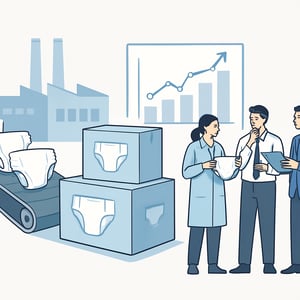 A modern professional illustration representing costefficient diaper production a factory line producing diapers simplified packaging boxes phased dev-1 A modern professional illustration representing costefficient diaper production a factory line producing diapers simplified packaging boxes phased dev-1