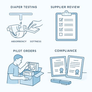 A professional clean illustration showing a new diaper brand evaluation process samples being tested for absorbency and softness a supplier review che A professional clean illustration showing a new diaper brand evaluation process samples being tested for absorbency and softness a supplier review che