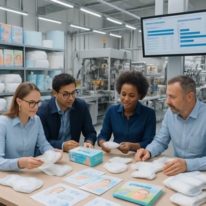 The image depicts a modern wellorganized manufacturing facility dedicated to diaper production In the foreground a diverse team of professionals inclu-1 The image depicts a modern wellorganized manufacturing facility dedicated to diaper production In the foreground a diverse team of professionals inclu-1