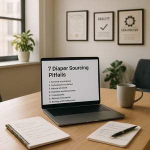 The image depicts a serene office environment with a modern desk that features a sleek laptop open to a document titled 7 Diaper Sourcing Pitfalls A n The image depicts a serene office environment with a modern desk that features a sleek laptop open to a document titled 7 Diaper Sourcing Pitfalls A n