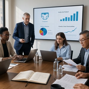 The image depicts a sleek modern office space where a diverse group of professionals is engaged in a collaborative meeting A large conference table is-1