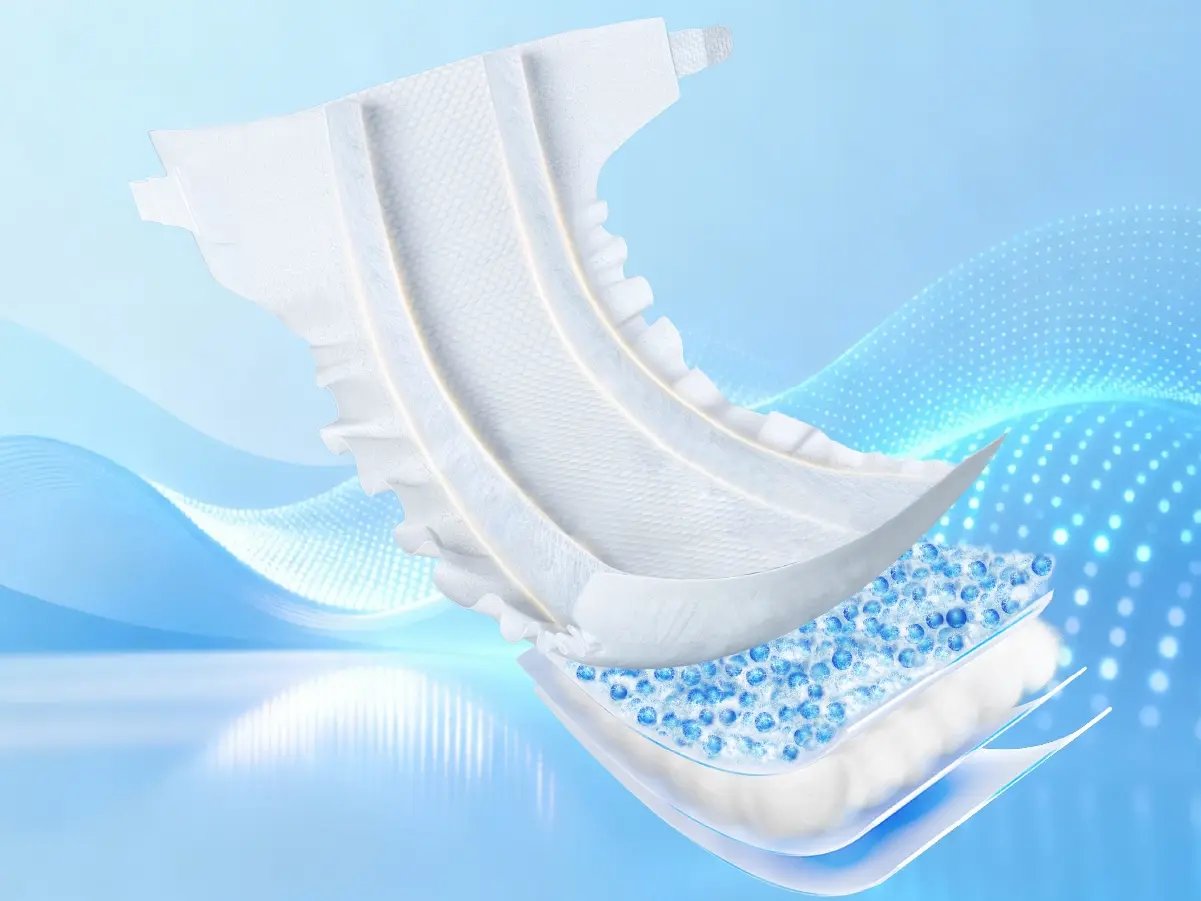 Composite core baby diaper with pulp distribution layer for improved liquid diffusion