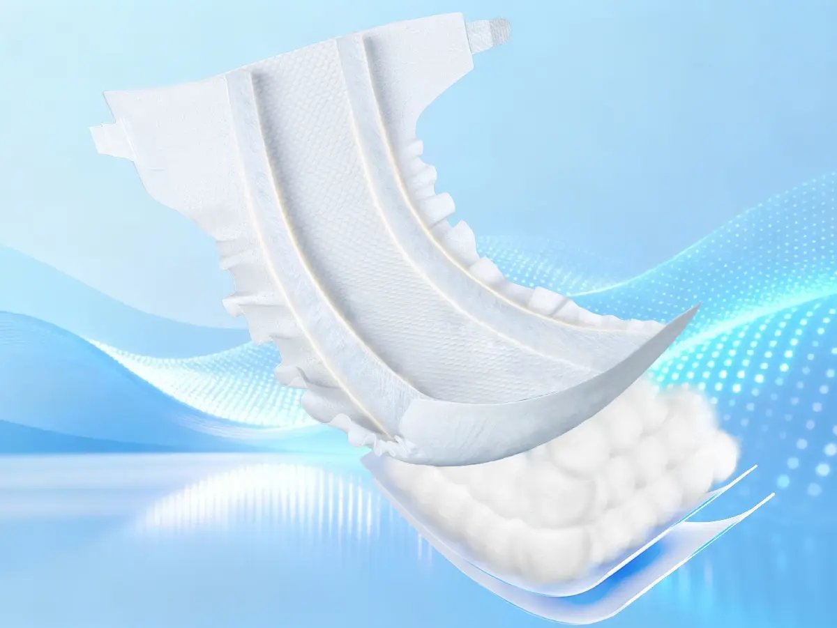 Traditional fluff pulp core baby diaper cross-section showing a thicker pulp-based absorbent core
