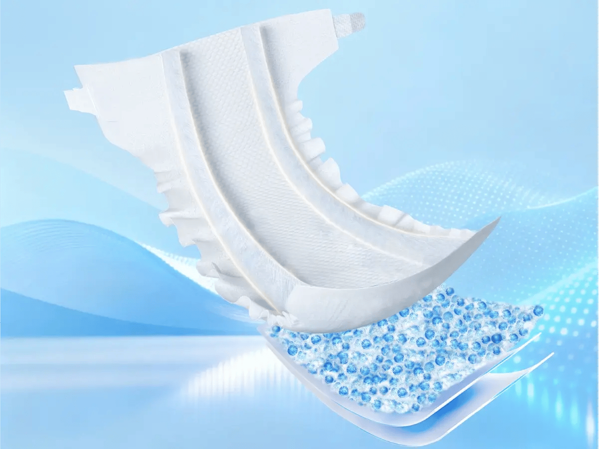 Ultra-thin composite core baby diaper cross-section showing a slim compact absorbent structure