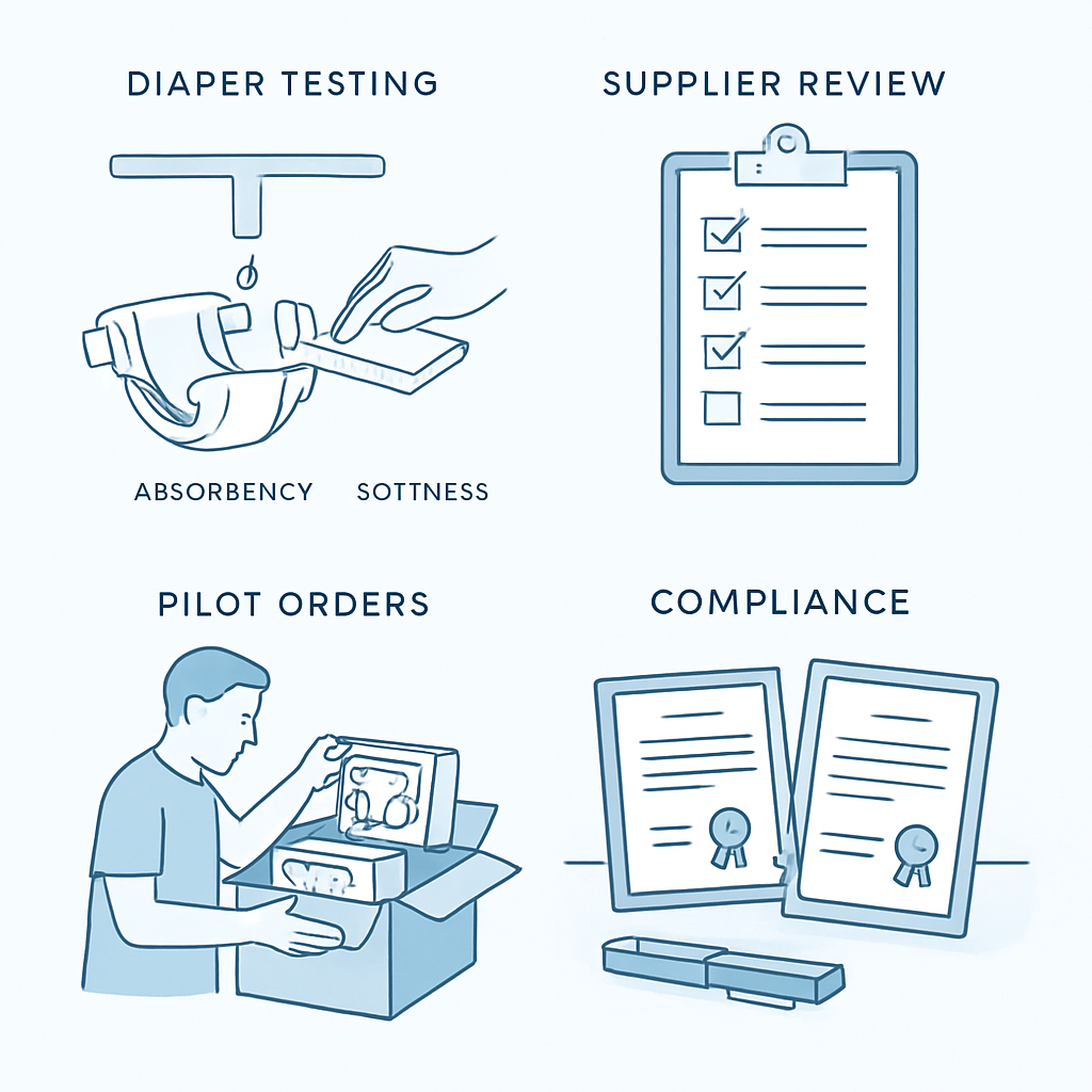 A professional clean illustration showing a new diaper brand evaluation process samples being tested for absorbency and softness a supplier review che
