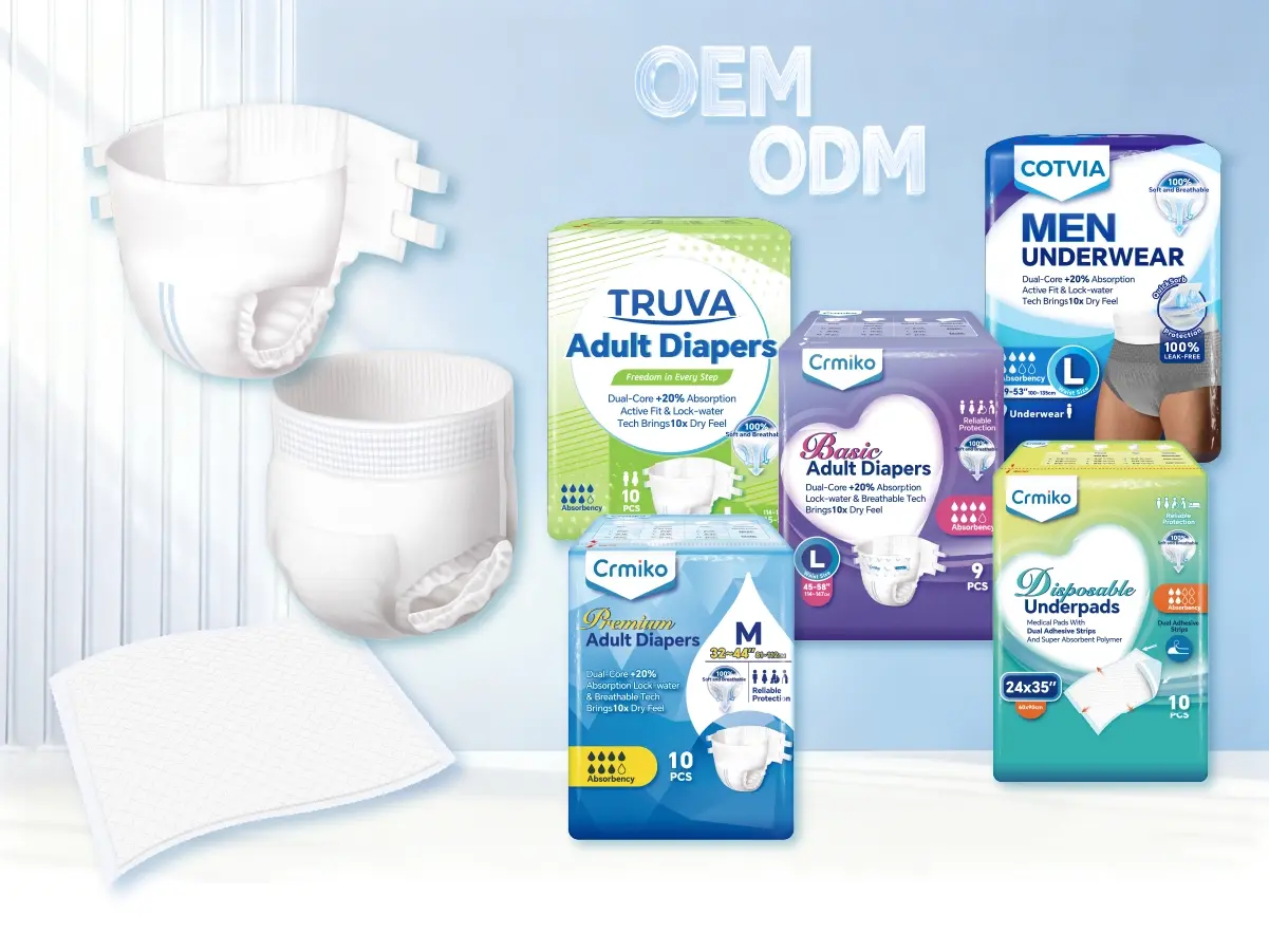 OEM ODM adult care product solutions including adult diapers pull-up pants and underpads for retail medical and institutional channels